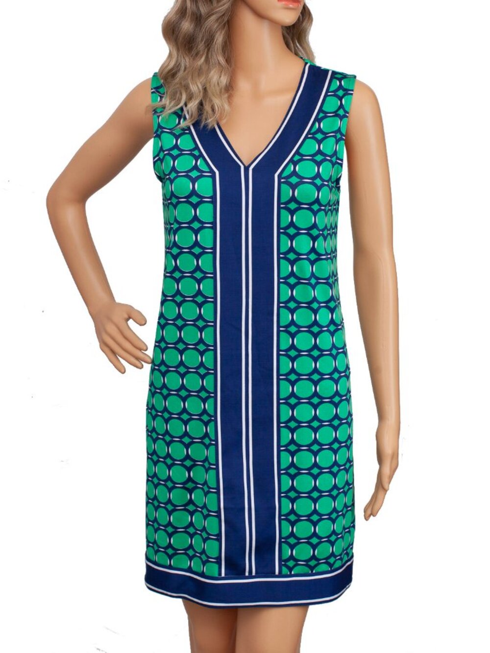 Mud Pie Geometric Shift Dress Small Green Navy V Neck Sleeveless Resort